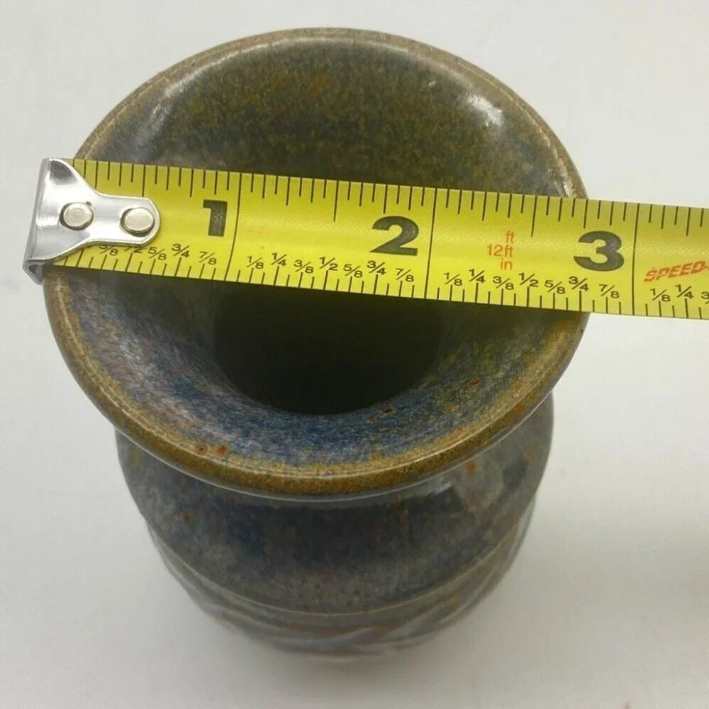 VTG Signed Studio Art Pottery Vase Blue Brown Speckled Glaze Stoneware 4.5